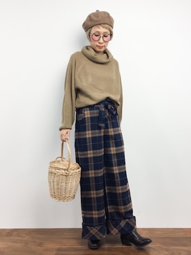 「ウエストイン」｜「アイテム（ハンチング/ベレー帽）」を使った、ひいこさん（レディース・154cm）の秋コーディネート