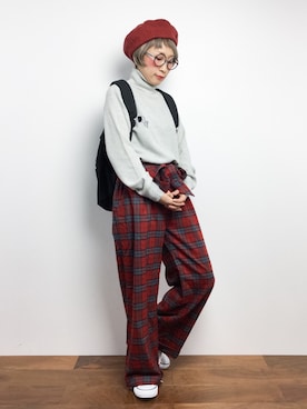 「ウエストイン」｜「アイテム（ハンチング/ベレー帽）」を使った、ひいこさん（レディース・154cm）の秋コーディネート