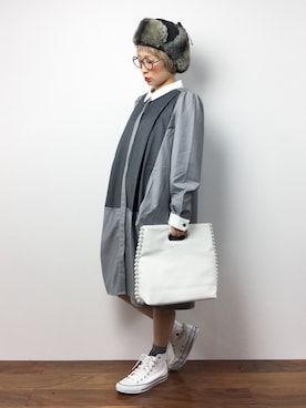 「ミックススタイル」｜「アイテム（シャツワンピース）」を使った、ひいこさん（レディース・154cm）の秋コーディネート