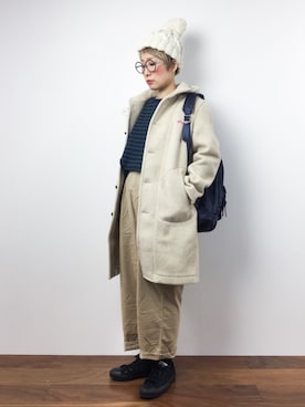 「メガネ女子」｜「アイテム（ダッフルコート）」を使った、ひいこさん（レディース・154cm）の秋コーディネート