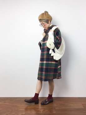 「チェックワンピース」｜「アイテム（チュニック）」を使った、ひいこさん（レディース・154cm）の冬コーディネート