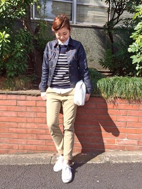 「ボーダーニット」｜「アイテム（チノパンツ）」を使った、KAORIさん（レディース・163cm）の冬コーディネート