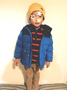 「PETIT BATEAU（プチバトー）のアイテム（ダウンジャケット/コート）」を使った、FYRさん（キッズ・110cm）の秋コーディネート