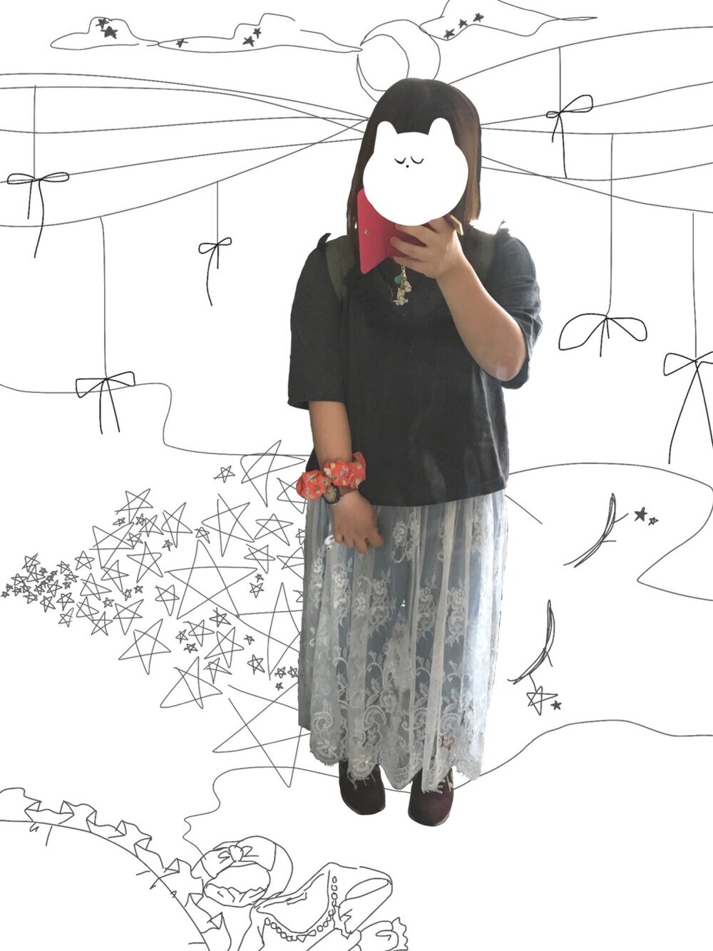 「Heather、フリンジ、チャコールグレー、レーススカート、ぽっちゃり、ぽっちゃりコーデ」｜「Heatherのフリンジプルオーバー5分袖　569370（Tシャツ/カットソー、グレー系）」を使った、さちこさん（レディース・147cm）の秋コーディネートの1枚目の写真