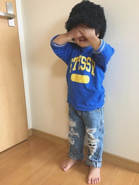 「BEAMS BOY（ビームスボーイ）のアイテム（キャップ）」を使った、む＆ぽさん（キッズ・90cm）の秋コーディネート