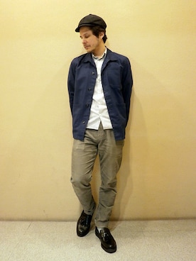「ワークキャップ」｜「アイテム（モカシン/デッキシューズ）」を使った、YVANさん（メンズ・165cm）の秋コーディネート