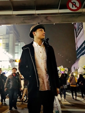「CABANE de ZUCCa（カバンドズッカ）のアイテム（ダッフルコート）」を使った、Jerry Lin さん（メンズ・178cm）の冬コーディネート