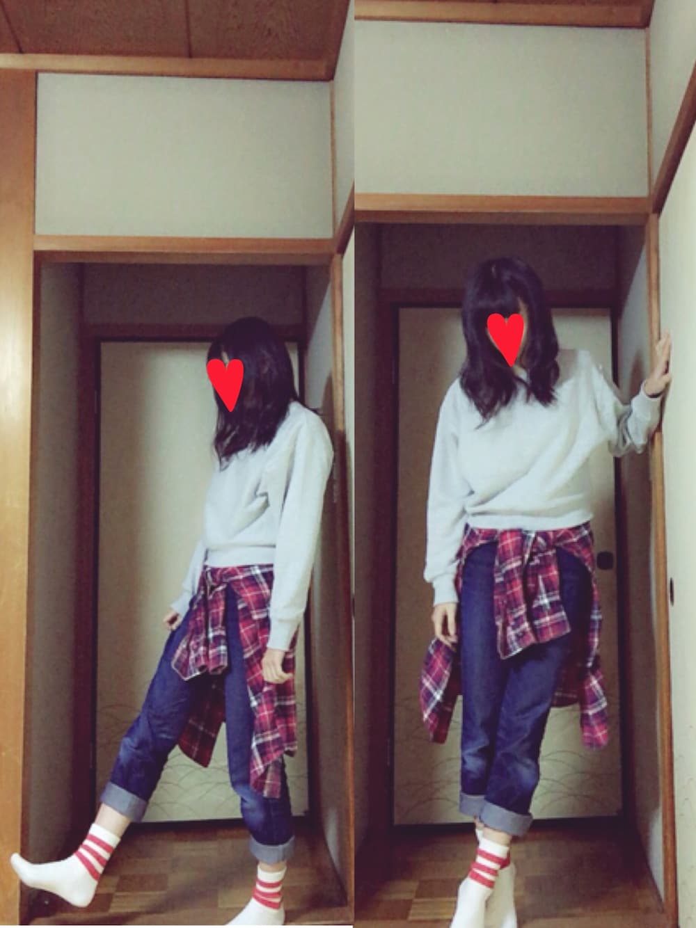 グレー系のスウェット、レッド系のシャツ/ブラウス、ブルー系のデニムパンツを着用したレディースの冬コーディネートの1枚目の写真