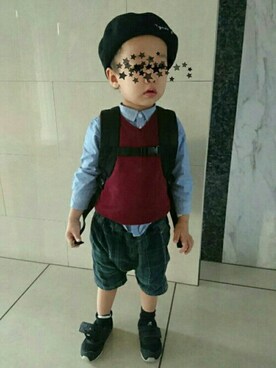 「アイテム（ベスト、レッド系）」を使った、shuさん（キッズ・100cm）の秋コーディネート