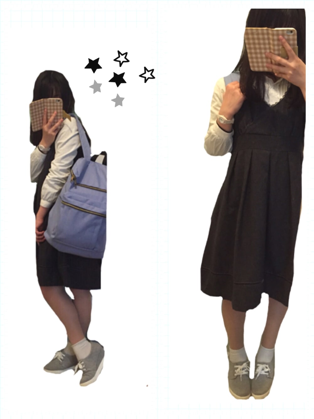 ブラック系のワンピース、ブルー系のバックパック/リュック、ホワイト系のシャツ/ブラウスを着用したレディースの春コーディネートの1枚目の写真