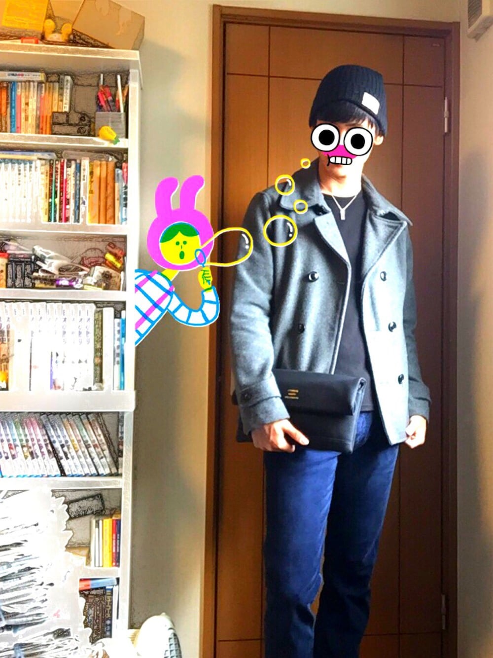 「古着屋、古着、Right-on、ピーコート」｜「BROWNY　STANDARDのアイテム（ピーコート、グレー系）」を使った、よーたさん（メンズ・182cm）の秋コーディネートの1枚目の写真