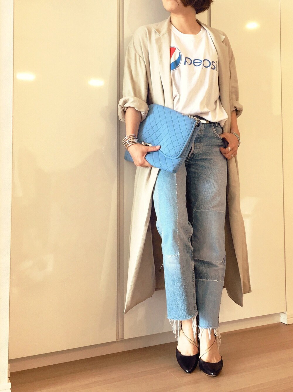 「Tシャツ、デニム、ペプシ、シンプル、ゆるコーデ、5月WEAR白Tコーデ祭り」｜「VINTAGEのアイテム（Tシャツ/カットソー、ホワイト系）」を使った、miiiさん（レディース・152cm）の春コーディネートの1枚目の写真