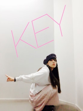 「アイテム（ハンチング/ベレー帽）」を使った、KEYさん（レディース・158cm）の秋コーディネート