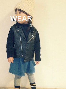 「アイテム（ライダースジャケット）」を使った、なまけものさん（キッズ・90cm）の冬コーディネート