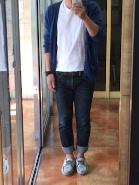 「UNIQLO（ユニクロ）のアイテム（デニムパンツ、ブルー系）」を使った、mosataroさん（メンズ・181cm）の秋コーディネート