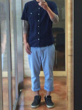 「GAP（ギャップ）のアイテム（その他パンツ、ブルー系）」を使った、mosataroさん（メンズ・181cm）の秋コーディネート