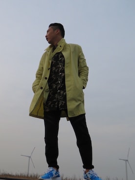 「YMC（ワイエムシー）のアイテム（トレンチコート）」を使った、DAZZYさん（メンズ・175cm）の春コーディネート
