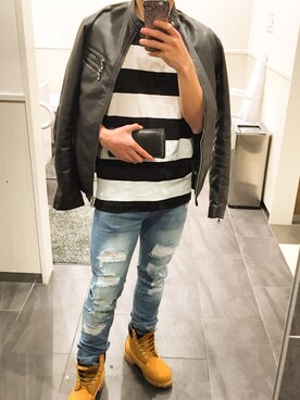 「AZUL by moussy（アズールバイマウジー）のアイテム（ライダースジャケット）」を使った、なおやさん（メンズ・167cm）の春コーディネート