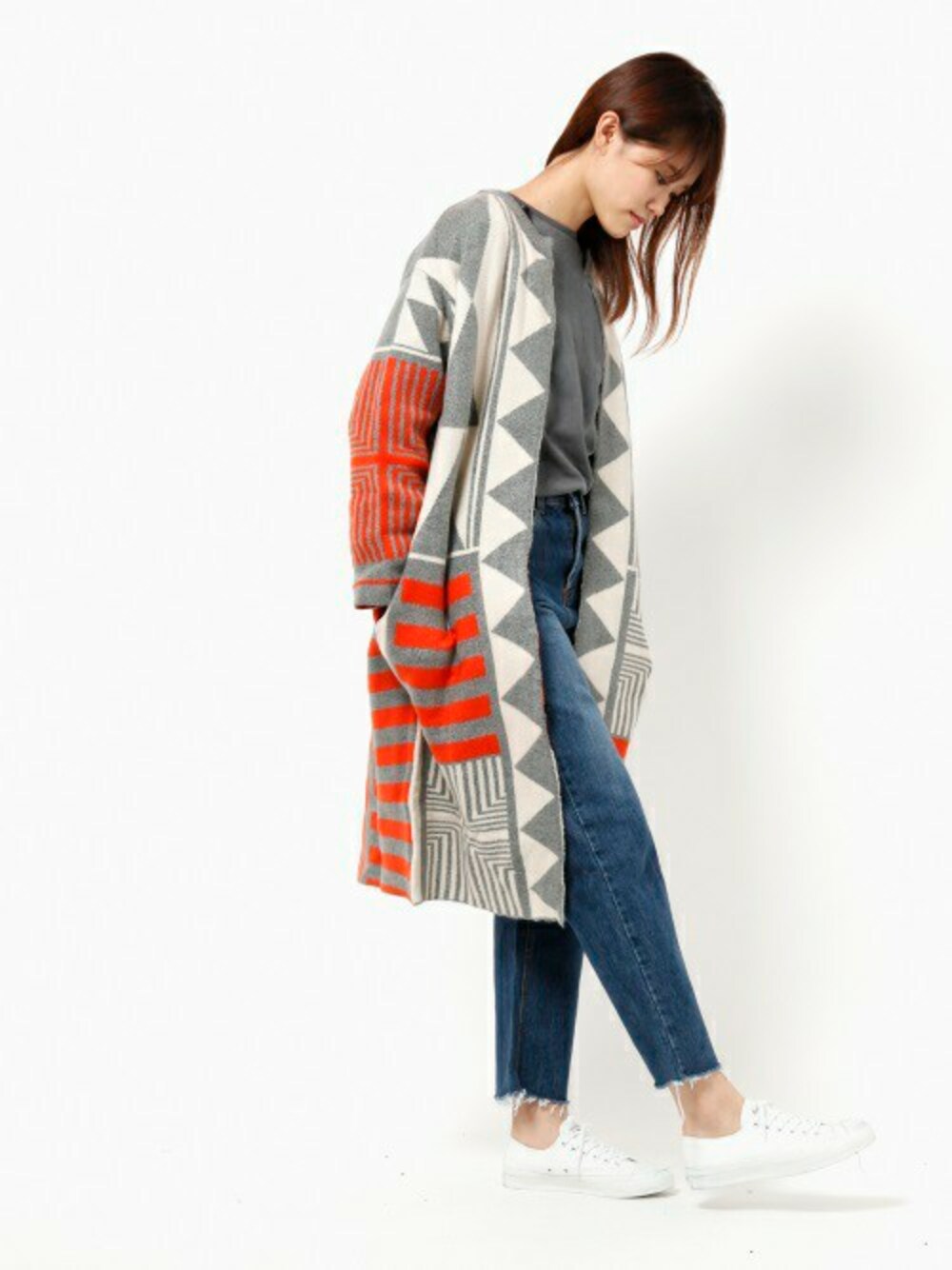 「カーディガン、ノーカラーコート、holiday、セール、SALE、ライナー付、コーディガン、auntie rosa holiday」｜「Auntie Rosa Holidayの【Holiday】ライナー付きジャガードニットカーディガン（カーディガン/ボレロ、ベージュ系）」を使った、MIKI MORIさん（レディース・173cm）の冬コーディネートの1枚目の写真