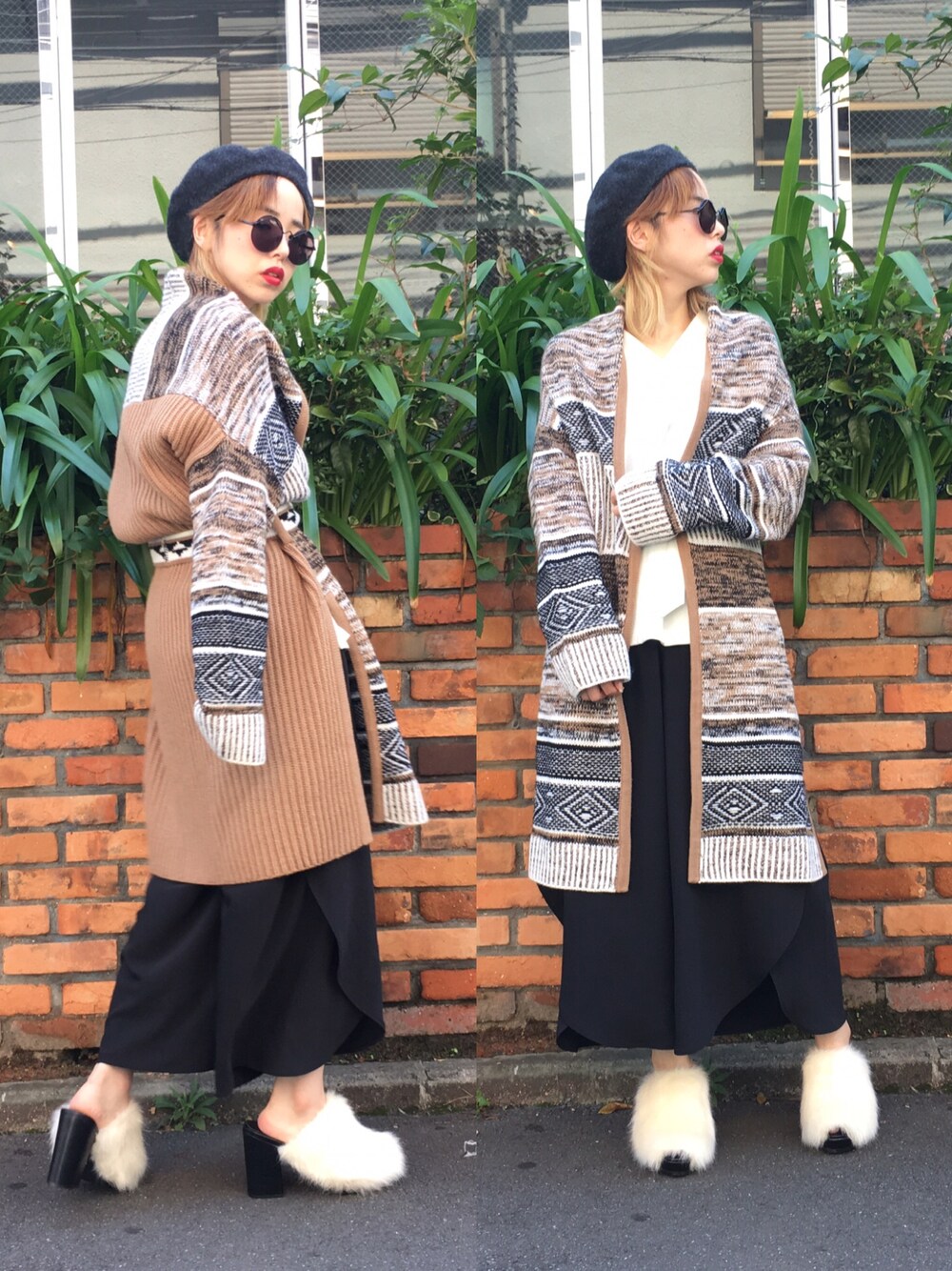 「シンプル、ラフ、白、黒、ファーサンダル、casual、streetfashion、ガウン」｜「OSMOSISのアイテム（ハンチング/ベレー帽、グレー系）」を使った、OZAWA  さん（レディース・158cm）の秋コーディネートの1枚目の写真