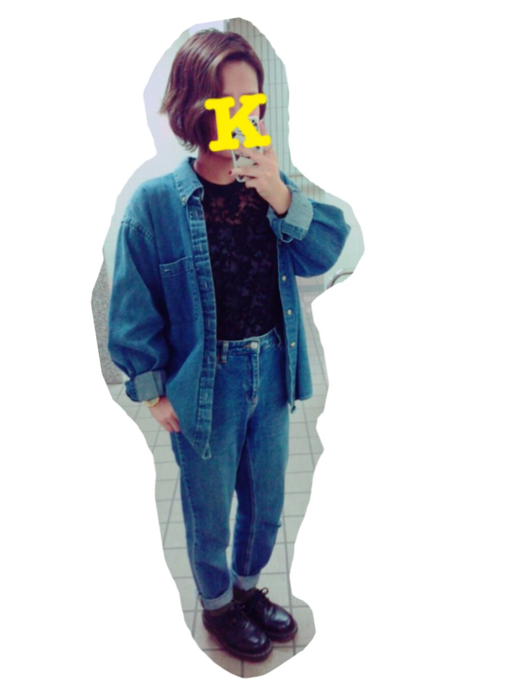 「デニム オン デニム、デニム、デニムシャツ、ハイウエスト、レース、ドクターマーチン、Dr.Martens、古着」｜「usedのアイテム（シャツ/ブラウス、ブルー系）」を使った、i m k nさん（レディース・156cm）の秋コーディネートの1枚目の写真