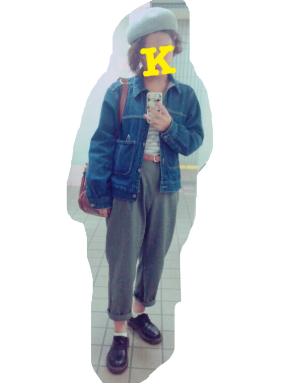 「ベレー帽、めがね、丸メガネ、ワイドパンツ、デニム、デニムジャケット、ボーダー、グレー」｜「LEPSIMのデニムジャケット　548080（デニムジャケット、ブルー系）」を使った、i m k nさん（レディース・156cm）の秋コーディネートの1枚目の写真