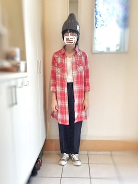 「アイテム（シャツワンピース、レッド系）」を使った、okonomixさん（レディース・158cm）の秋コーディネート