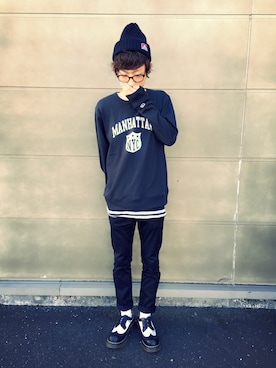 「ブラック×ホワイト」｜「アイテム（その他シューズ）」を使った、sawaさん（メンズ・173cm）の冬コーディネート