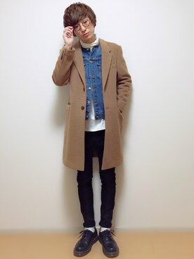 「MONKEY TIME（モンキータイム）のアイテム（チェスターコート）」を使った、sawaさん（メンズ・173cm）の冬コーディネート
