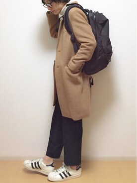 「MONKEY TIME（モンキータイム）のアイテム（チェスターコート）」を使った、sawaさん（メンズ・173cm）の冬コーディネート