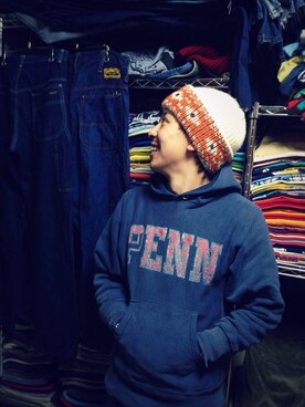 「Champion（チャンピオン）のアイテム（パーカー、ブルー系）」を使った、UMASAKI TATSUYAさん（メンズ・155cm）の冬コーディネート