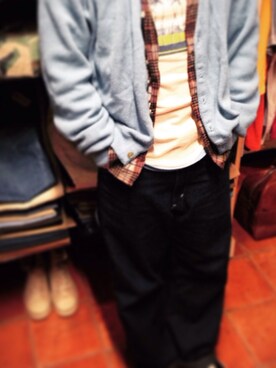 「UNKNOWN.（アンノウン）のアイテム（カーディガン/ボレロ、ブルー系）」を使った、UMASAKI TATSUYAさん（メンズ・155cm）の冬コーディネート