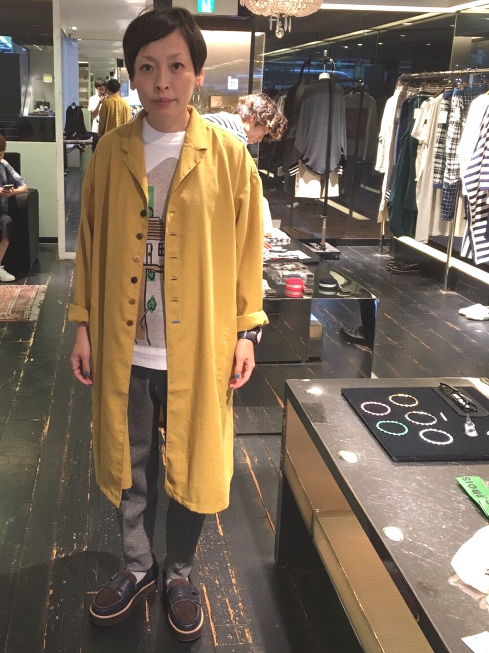 「FRAPBOIS」｜「FRAPBOISのアイテム（ダウンジャケット/コート、イエロー系）」を使った、0309さん（レディース・155cm）の夏コーディネートの1枚目の写真