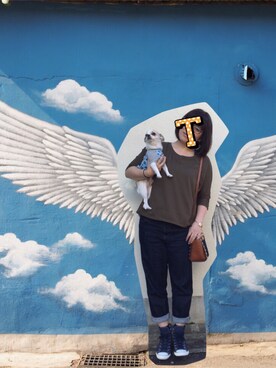 「LOWRYS FARM（ローリーズファーム）のアイテム（Tシャツ/カットソー、グリーン系）」を使った、Hanuruさん（レディース・156cm）の秋コーディネート