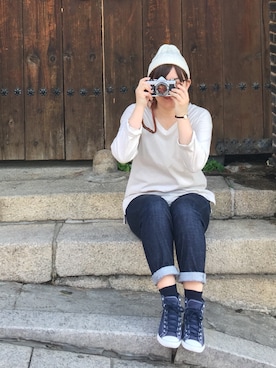 「JEANASIS（ジーナシス）のUSコットンVプルオーバー8S/569758 （Tシャツ/カットソー、ホワイト系）」を使った、Hanuruさん（レディース・156cm）の秋コーディネート