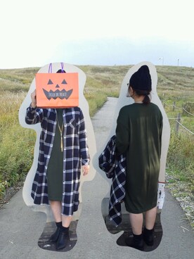 「明洞で購入のアイテム（ワンピース、グリーン系）」を使った、Hanuruさん（レディース・156cm）の秋コーディネート