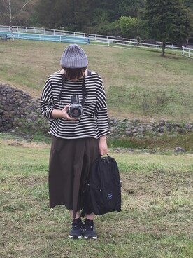 「A part by（アパートバイ）のC/ボーダーワイドクロップド　733757 （Tシャツ/カットソー、ブラック系）」を使った、Hanuruさん（レディース・156cm）の秋コーディネート