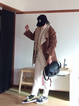 「ゆるニット」｜「アイテム（ムートンコート）」を使った、mtyさん（レディース・166cm）の冬コーディネート