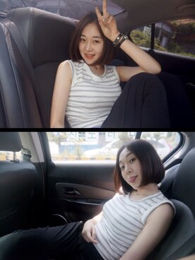 「스트라이프SL（T Shirts、ホワイト系）」を使った、일육공さん（レディース・160cm）の夏コーディネート