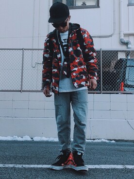 「Bape」｜「アイテム（マウンテンパーカー）」を使った、SASAさん（メンズ・166cm）の冬コーディネート
