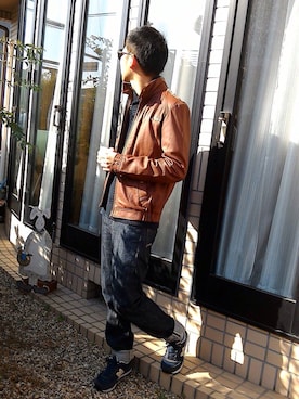 「G-STAR RAW（ジースターロゥ）のアイテム（ライダースジャケット）」を使った、Dj MushRoomさん（メンズ・170cm）の秋コーディネート