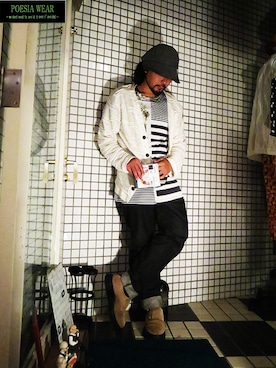 「POESIA WEAR（ポエジィア　ウエア）の[POESIA WEAR] ジャカードニットジャケット（カーディガン/ボレロ、ホワイト系）」を使った、POESIA－Mas－さん（メンズ・170cm）の春コーディネート