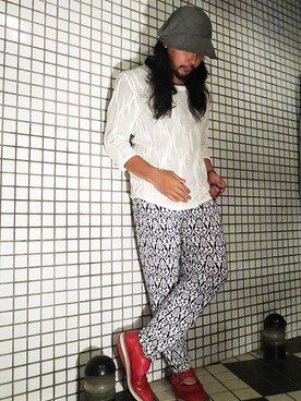 「POESIA WEAR（ポエジィア　ウエア）の[POESIA WEAR] サマーニット/７分袖Uネック（Tシャツ/カットソー、ホワイト系）」を使った、POESIA－Mas－さん（メンズ・170cm）の春コーディネート