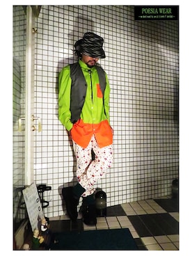 「POESIA WEAR（ポエジィア　ウエア）のPOESIA WEAR/裾リブパンツ[Original Textile]（その他パンツ、ホワイト系）」を使った、POESIA－Mas－さん（メンズ・170cm）の夏コーディネート