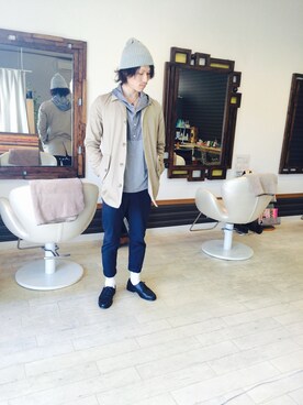 「glamb（グラム）のアイテム（トレンチコート）」を使った、上水流（弟）さん（メンズ・171cm）の秋コーディネート