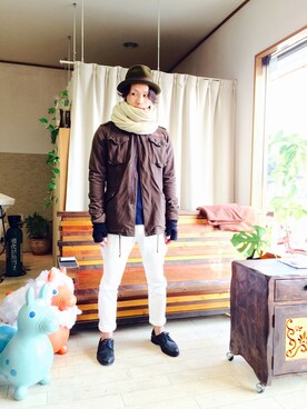 「wjk（ダヴルジェイケイ）のアイテム（ミリタリージャケット）」を使った、上水流（弟）さん（メンズ・171cm）の冬コーディネート