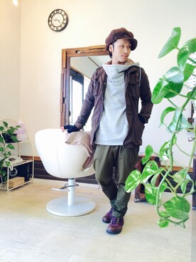 「wjk（ダヴルジェイケイ）のアイテム（ミリタリージャケット）」を使った、上水流（弟）さん（メンズ・171cm）の冬コーディネート