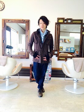 「wjk（ダヴルジェイケイ）のアイテム（ミリタリージャケット）」を使った、上水流（弟）さん（メンズ・171cm）の冬コーディネート