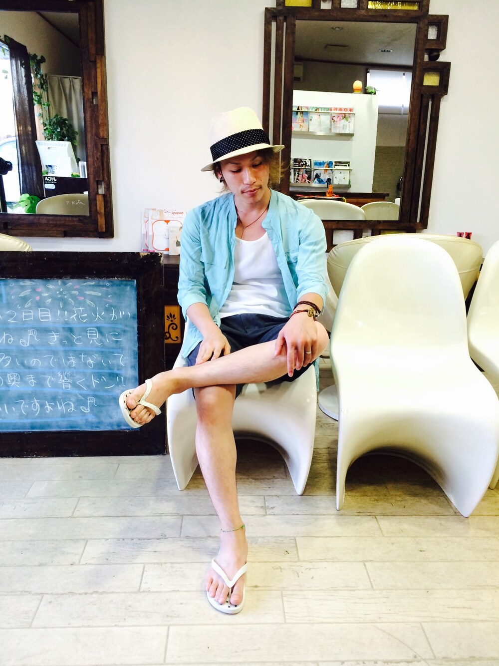 「WACKO MARIAのWACKO MARIA THR-01 ＜PANAMA NATURAL/DOTS＞（ハット、ブラック系）」を使った、上水流（弟）さん（メンズ・171cm）の夏コーディネートの1枚目の写真