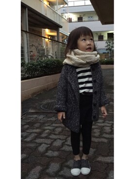 「韓国子供服himawariのアイテム（カーディガン/ボレロ、ブラック系）」を使った、himawariさん（キッズ・100cm）の冬コーディネート